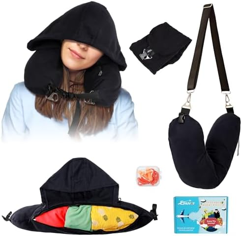 EZ4UVOY Stuffable Neck Pillow for Travel with Hood, Hoodie Neck Pillow Stuffable with Clothes, Fillable Pillow for Airplane, Travel Pillow Storage Bag, Pillow Cover for Extra Luggage Black