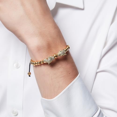 Gold Bracelets for Men 18K Gold Plated Stainless Steel Leopard Head Tiger Eye Stone Black Onyx Beads Handcrafted Adjustable Mens Bracelet Birthday Gift2