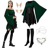 LGZIN Vestido Tradicional Irlandés para Mujer, Vestido Medieval para Mujer con Orejas de Elfo, Adorno de Pelo, Calcetines Overknee, Disfraz de Elfo Renacentista para Halloween y Carnaval (XL)