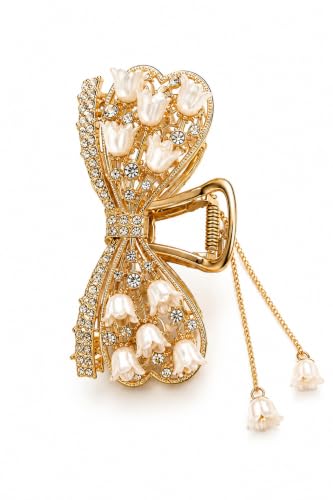 Image of Diversa Rhinestone Golden Claw Clip, Embellished Korean Clutcher, Non- Slip Metal Claw Clip for Girls, Fancy Clutcher for Women, Pack of 1 (Bow)