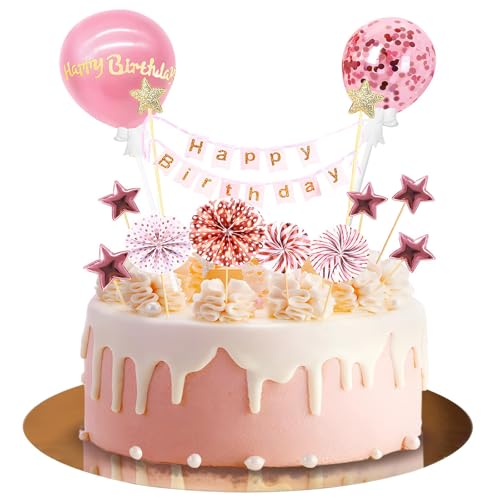 AOOTUERL 12 peças de decoração para bolos de aniversário, ouro rosa Happy Birthday decoração, estrelas balão Cupcakes decoração, palitos para decoração de bolos para casamentos, festas, aniversário