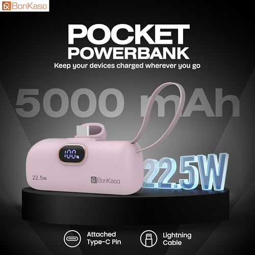 Image of BonKaso 5000mAh Mini Power Bank with Built in Cable, 22.5W PD Fast Charging Pocket Portable Charger, USB Type C Input and Output, Digital LED Display for iPhone and Android, Pink