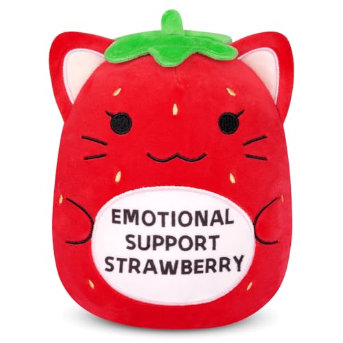 Image of Emotional Support Plush Strawberry Cat with Emotional Support Strawberry | Cute 8in Cat Stuffed Animal Soft Strawberry Plush Toy Positive Gifts for Kids,Men,Women