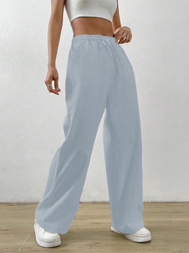 Image of TOPLOT Women's Linen Blend Wide Leg Palazzo Pants | Elastic Drawstring Waist Trousers for Woman | Relaxed Fit Casual Lounge Trousers | Breathable Straight Leg Everyday Bottom Wear (5268)