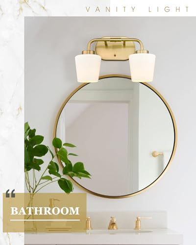 Image of Brushed Gold Bathroom Vanity Light, Farmhouse Brass Sconces Wall Lighting with Milk White Glass, Champagne Bronze Light Fixture Over Mirror, AD-22004-2W-GD