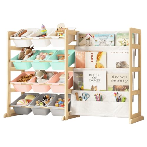 Image of EXPERLAM Toy Storage Organizer with Bookshelf - 12 Storage Bins 4-Tier Multipurpose Shelf to Organize Toys and Books for Kids Room, Playroom, Nursery Room, Multi-Color
