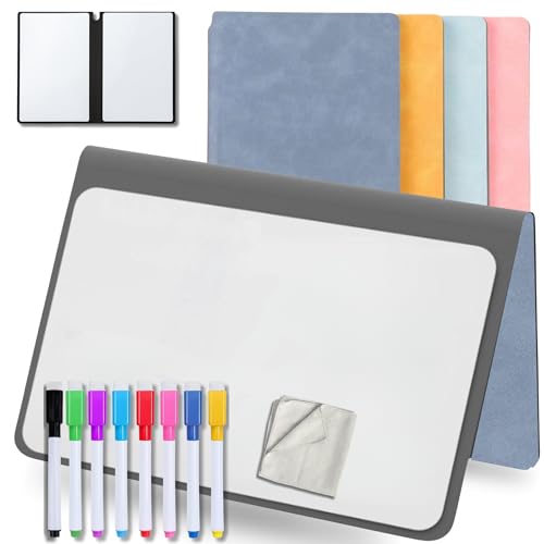 MandA® PIZARRA BLANCA pequeña | CUADERNO Pizarra PLEGABLE, BORRABLE y PORTÁTIL | Pizarra Rotulador | 2 x A5 + 11 Rotuladores + Gamuza - Libreta pizarra | Accesorios OFICINA | ESTUDIAR | Gris.