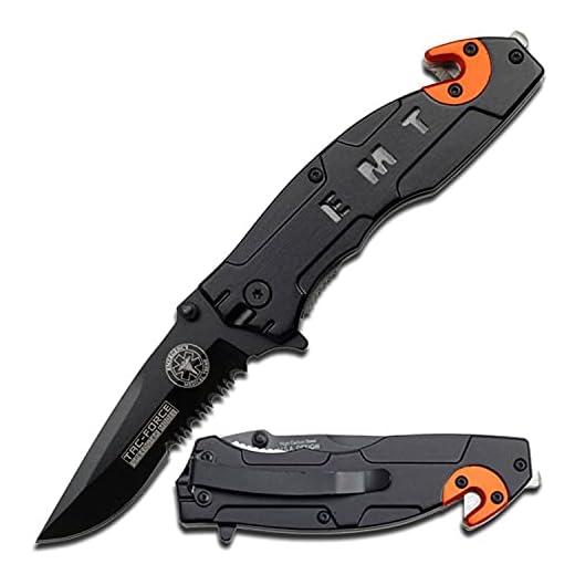 Tac-Force TF-525EM Assisted Opening Folding Knife, Black Half-Serrated Blade, Black/Orange Handle with EMT Logo, 4-1/2-Inch Closed, 3.0 inch Blade
