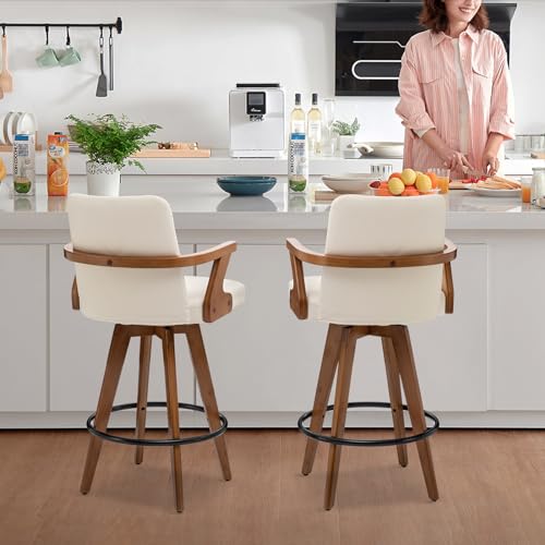 Butaco MEKLIBA de 26 pulgadas, tapizado en cuero sintético, con respaldo y brazos, giratorio, para isla de cocina, set de 3 unidades, color beige miniatura 6