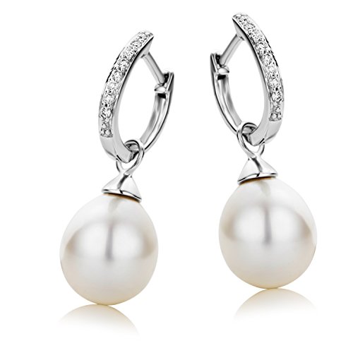 Miore - Orecchini Cerchio con Diamanti e Perle Naturali in Vero Oro Bianco 9KT 375, Orecchini Pendenti con Perle coltivate e Brillanti, Boccole anallergiche - perno passante e farfalla a pressione.