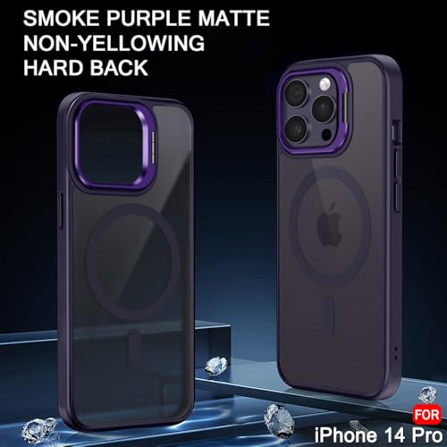 Image of TheGiftKart Hybrid Matte Frosted Back Cover Case for iPhone 14 PRO Compatible with MagSafe | Built-in Stand | Shockproof Hard Back Case Cover for iPhone 14 PRO (PC & TPU, Translucent Purple)