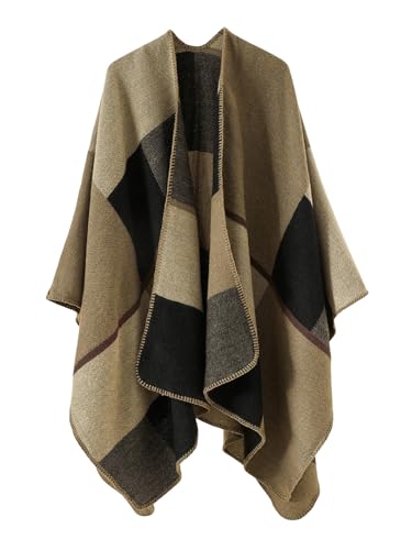 Image of Verdusa Women's Boho Plaid Poncho Shawl Wrap Cape Sweater Knit Oversized Cardigan Khaki One-Size