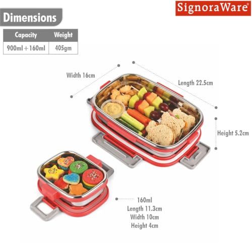 Image of SignoraWare Quickmeal Stainless Steel Big Lunch Box,(900ml+160ml, Red), Airtight & Leakproof, Portion Control, Easy to Carry, Ideal for Office, School, Kids & Travel