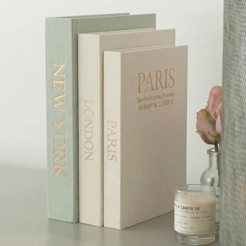 Image of Faux Book Storage Box Set of 3-Green /Beige /Beige-Decorative Faux Books with Hidden Storage for Coffee Table Decor, Bookshelf or Mantle-Linen Decorative Boxes-Aesthetic Book Decor for Home