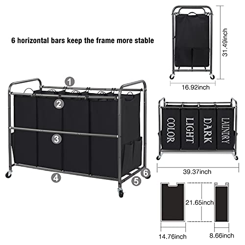 Storage Maniac Laundry Sorter, Laundry Divider With Side Pockets, Multi Laundry Separator Hamper With Removable Bags And Rolling Lockable Wheels, Laundry Organizer Hamper, 4 Section Black #TOP2