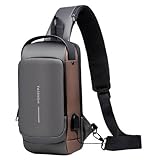 Mochila Transversal Masculina Anti-Roubo com Porta USB e Cadeado, Bolsa de Ombro Impermeável Crossbody com Carregamento (Marrom com Preto)