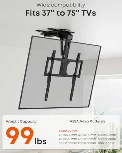 Image of Motorized Ceiling TV Mount with Remote for 37-75'' TVs, Flip Down, Black | Include VESA Extender, Sapcing Saving, Fits Flat and Pitched Roof, Electric Drop Down, Max VESA 600x400 mm, Max holds 99lbs