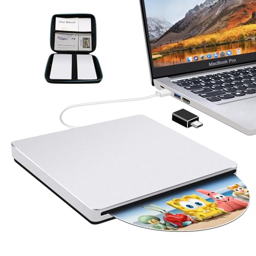 SOMDARHK External CD DVD Drive: USB-C Slot-in DVD Burner Player for Laptop - Portable CD ROM Reader Writer Aluminum Alloy with Type-C Adapter for PC Apple Mac Windows 11