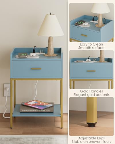Image of Masupu Nightstand with Charging Station,3-Tier Modern Bedside Night Stand with Storage Drawer and Shelf,Small End Side Table for Bedroom,Living Room,Gold and Blue