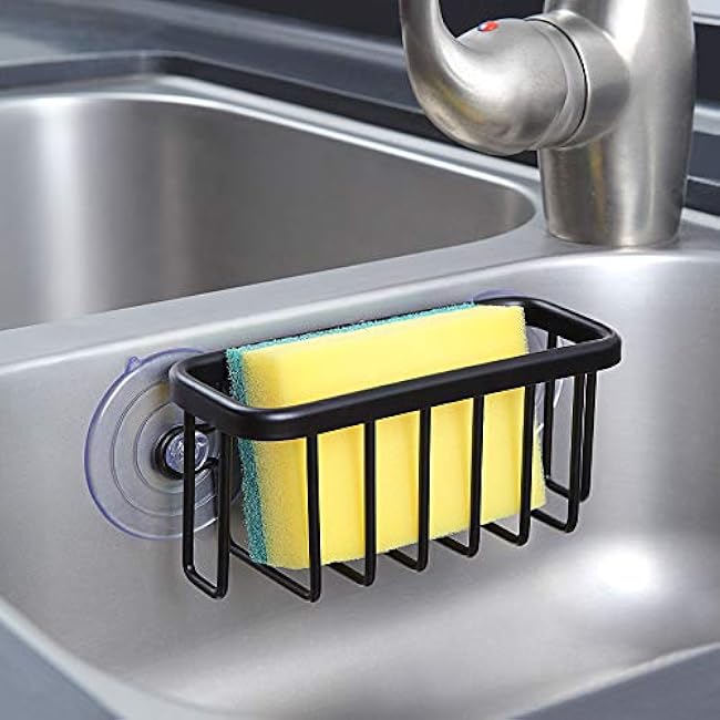 SunnyPoint NeverRust Kitchen & Bathroom Sink Caddy for Sponges, Scrubbers, Soap, 6 x 2.5 x 2.75, with Adhesive Mount - Additional Suction Cup Included ¨CAluminum (Black)