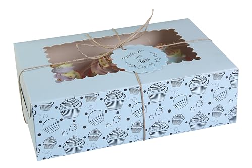 Image of mudrit Cupcake Boxes with Insert Trays (Pack of 10), Cupcake Carrier, Food Grade Bakery Boxes with Windows to fit 6 Cupcakes, Muffins or Pastries (Blue)