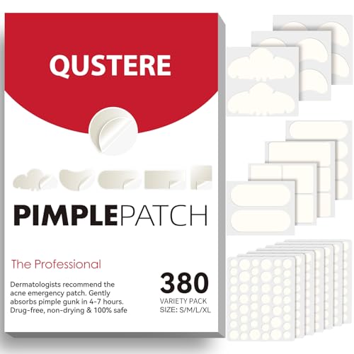 QUSTERE Large Pimple Patches for Face, Hydrocolloid Acne Patches, Big Hydrocolloid Bandages, Variety Shapes Zit Covers, Stickers with Tea Tree, Salicylic Acid & Cica Oil |8 Sizes |380 Count