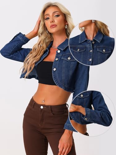 Allegra K Denim Jacket for Women's 2025 Casual Collared Long Sleeve Crop Jean Jackets2
