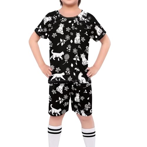 ORGYPET Cat Floral Soccer Jerseys for Boys Soccer 2024 Trendy Uniforms for Boys High Elastic Soccer Uniforms for Kids Children's Football Suit Daily Sports Football Wear, S