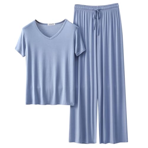 Pijama para mujer, suave y modal con cuello en V, manga corta, pantalones de pierna ancha fluidos, conjunto de ropa para el hogar, ropa cómoda para relajarse, 07# azul claro, M