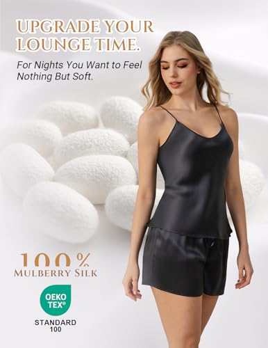 Image of THXSILK 100% Mulberry Silk Women Cami Pajama Set, Tank Top with Shorts Sleepwear, Adjustable Spaghetti Straps, Luxury Pj Set