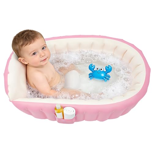 Bañera hinchable para bebés, bañera portátil de viaje para ducha infantil, bandeja de ducha antideslizante con bomba de aire para recién nacidos y niños pequeños (rosa)