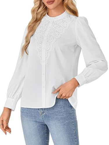 Rooscier Women's Lace Mock Long Sleeve Button Down Elegant Blouse Shirt Top Fall Clothes3