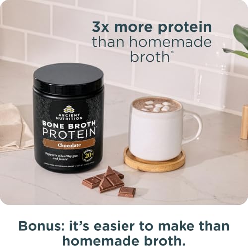 Image of Ancient Nutrition Grass Fed, Bone Broth Protein Powder, 20g Protein, Hydrolyzed Collagen Peptides, Keto & Paleo Friendly, Supports Joint, Gut Health, Chocolate, 15 Servings