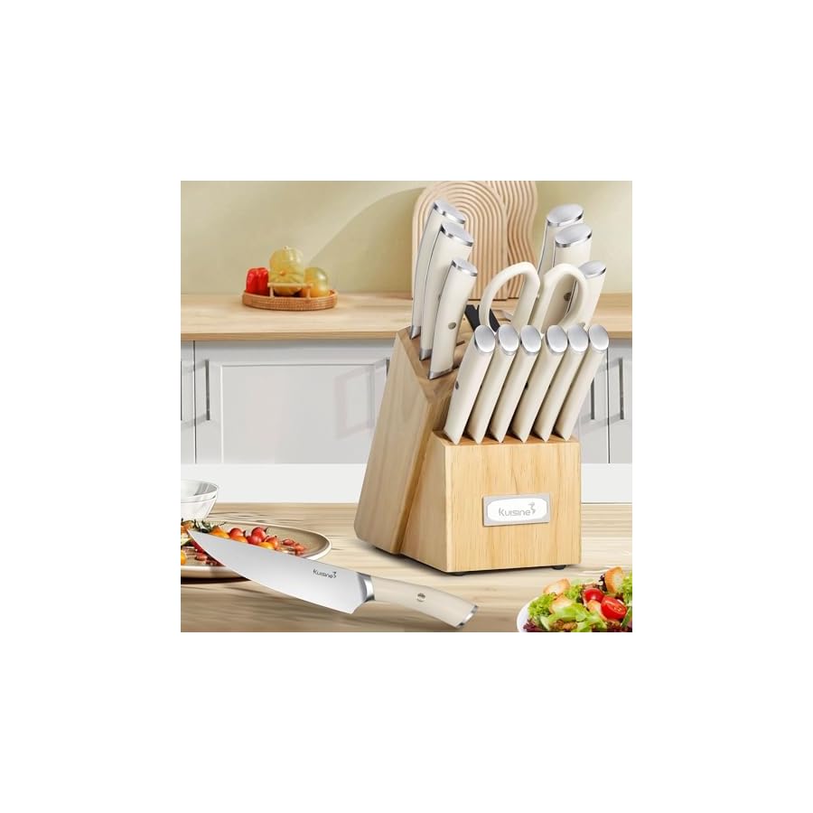 Kuisine Chef Knife Set,High Carbon Stainless Steel Block Knife Set,Knife Block Set with Built-in Sharpener,Sharp Knife Set Forged,Elegant Gift(Ivory,15pcs）