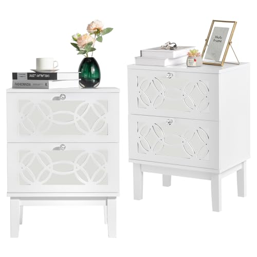VINGLI Mirrored Nightstand Set of 2, White Night Stand Mirror, Bed Side Table/Night Stand for Bedroom, Kids' Room, Living Room, Wood