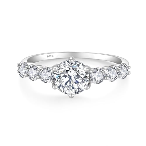 Moissanite Engagement Ring, 1 Carat D Color VVS1 Round Cut 925 Sterling Silver Anniversary Wedding Promise Ring for Women Size 5-10