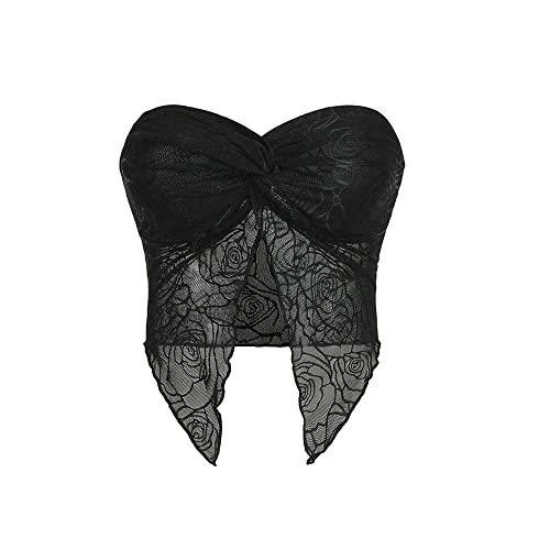 Meladyan Woman Twist Knot Front Split Embroidery Lace Crop Tube Meladyan Woman Twist Knot Front Split Embroidery Lace Crop Tube