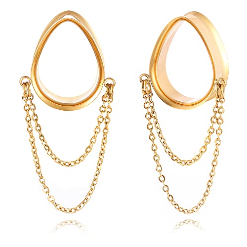 Earblity 2Pcs Dangle Chain Teardrop Ear Plugs Tunnels Daily 316 Stainless Steel 00G 10Mm Ear Gauges Expander Stretcher Piercing Body Jewelry #TOP5