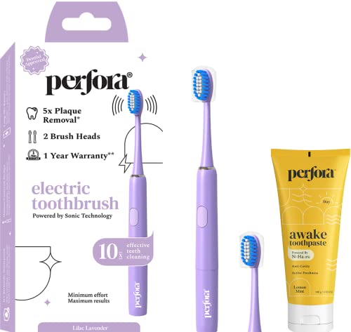 Image of Perfora Electric Toothbrush, 2 Modes, AAA Powered, 2 Brush Heads, 90 Days Battery | 1 Year Warranty | For Men, Women & Kids, 002 - Lavender (Brush-Toothpaste Combo), Pack of 1