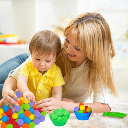 Image of 119Pcs Kid Tweezers fine Motor Skills Set,Helping Hands fine Motor Tool Set，Includes 100 Pcs Pompoms,12 Cups,4 Tweezers,2 Clips,1 Storage Box for Counting Sorting Training