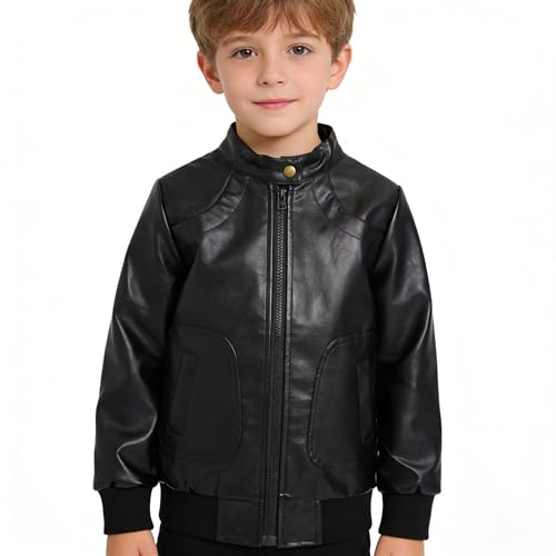 Image of Boys Trendy Stand Collar PU Leather Moto Jacket - Winter Warm Lined Coat with Zipper Closure for Kids (Age 3-12)