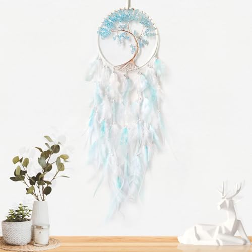 White and Cyan Dream Catcher Wall Decor Crystal Tree of Life Dream Catchers Handmade Feather Dreamcatcher Wall Hanging Ornament for Bedroom Living Room Home Decor - Image 6