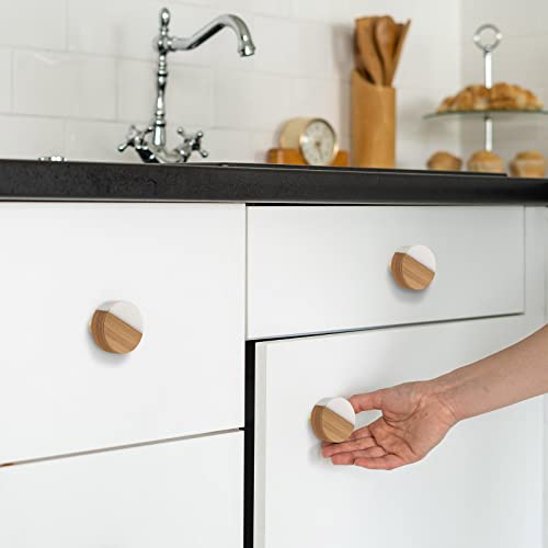 Qunclay 12 Pcs White Marble Stone Knobs Wood Modern Drawer Dresser Knobs Round Dresser Pull Handle Hardware Decorative Wood Drawer Small Furniture for Cupboard Cabinet Desk