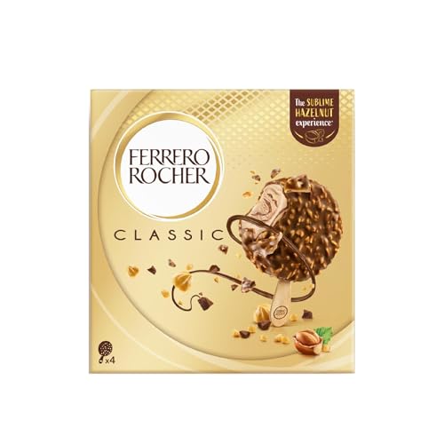 Ferrero Rocher Gelato Classic - 4 Stecchi di Gelato alla Nocciola e Cacao, Ricoperto di Cioccolato al Latte e Granella di Nocciole, Ottimo a Merenda, Confezione da 200 Grammi