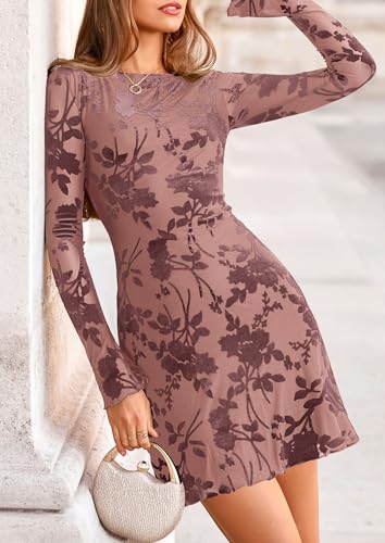 Image of PRETTYGARDEN Women's Fall Floral Long Sleeve Mini Dress | Printed Sheer Mesh, Bell Sleeve Boat Neck, Bodycon Short Dresses, Party Date Night, Cute Casual Outfits, Fashion Clothing