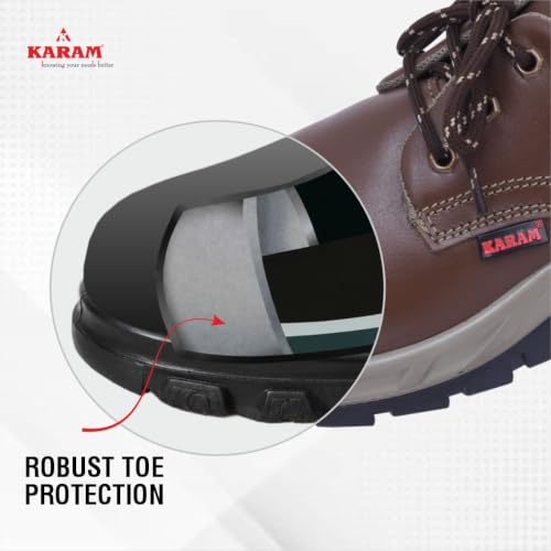 Image of Karam FS61 Brown Leather Safety Shoes for Men | Double Density with Steel Toe | Antistatic, Antislip, Oil & Heat Resistant
