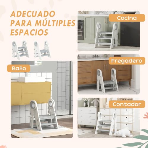 Miniatura 6 de Aiyaplay Taburete Para Niños Plegable Torre De Aprendizaje Ajustable Escalera Para Niños De 18-60 Meses Antideslizante Para Baño Cocina Librería Dormitorio Gris Y Blanco