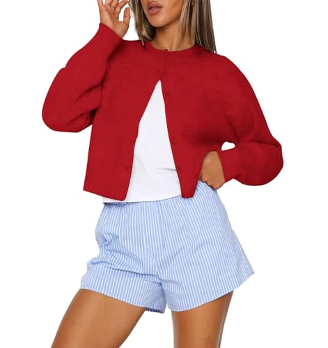Women Y2K Button Down Sweater Cardigan Cropped Long Sleeve Solid Knit Cardigans Open Front Crewneck Sweater Outwear