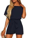 YIJIU Women's Summer Batwing Short Sleeve Rompers Crew Neck Casual Keyhole Back Short Belted Jumpsui