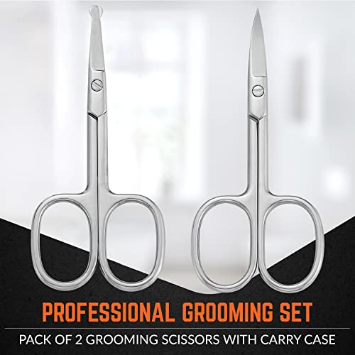 Stainless Steel Grooming Scissors - Eyebrow Scissor, Beard & Mustache Trimming Set, Small Curved & Rounded Tip Facial Hair Trimmer Kit For A Much Safer Ear, Nose Hair Clipper For Men & Travel Case #TOP6